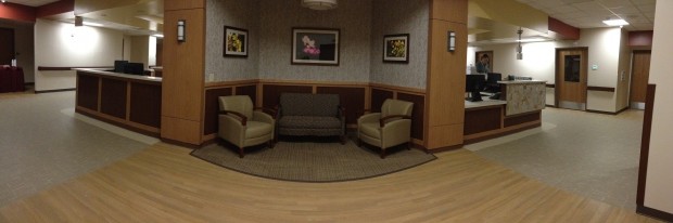 A panoramic view of the newly-renovated patient floor at Sacred Heart Hospital.