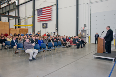 Todd Schurra, general manager of Curtiss-Wright&rsquo;s engineered pump division, speaking to about 200 people at the grand opening.