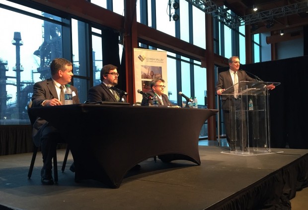 LVEDC President and CEO Don Cunningham (right) introducing the speakers, which includes (left to right) LVEDC Vice President of Finance John Kingsley, LVEDC Director of Redevelopment and External Affairs Andrew Kleiner, and Vincent Carbone of HDR.