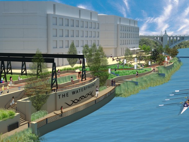 A rendering of the planned Allentown Waterfront along the Lehigh River. (Image courtesy Andrew Twiggar)