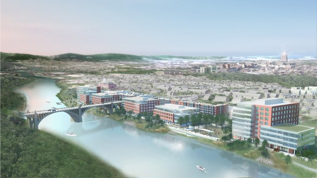 A rendering of the Waterfront, which is expected to include 675,000 square-feet of Class-A office space and 425 apartments in three state-of-the-art complexes.