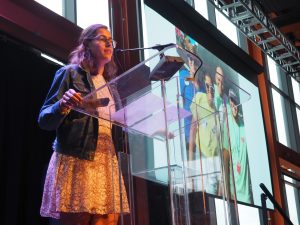 Catharine Aboulhouda speaking at the Lehigh Valley March of Dimes Commercial & Industrial Real Estate Awards.